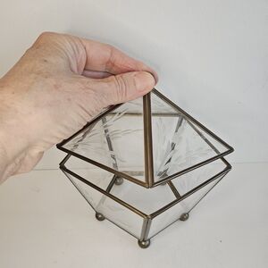 Brass  & Etched Glass Pentagon Terrarium display case Curio Miniature jewelry
